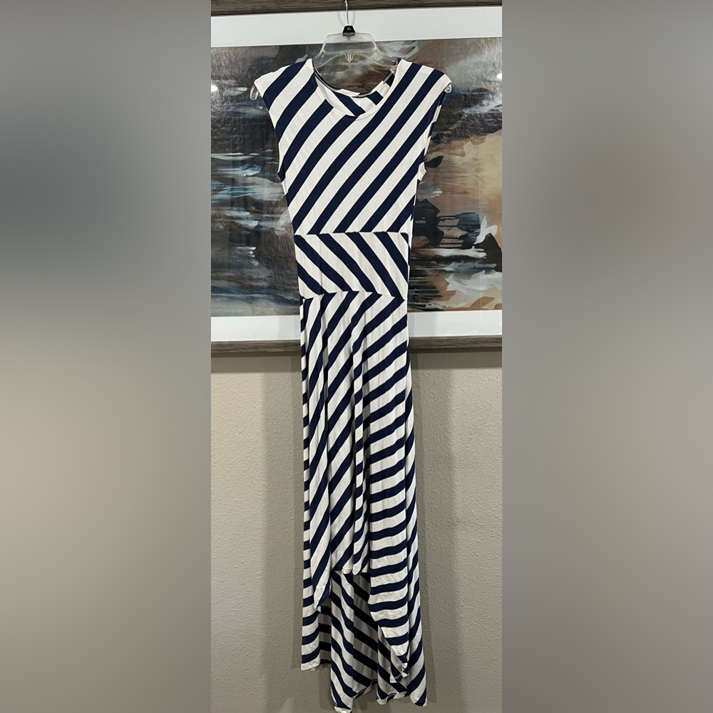Persnickety Women’s Blue & White Diagonal Stripe Hi-Ali Maxi Dress Size Medium